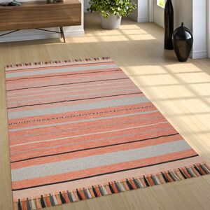 Paco Home Wohnzimmer Natur Teppich m. Fransen, Moderner Handgewebter Kelim, 100% Baumwolle 60x110 cm, Apricot