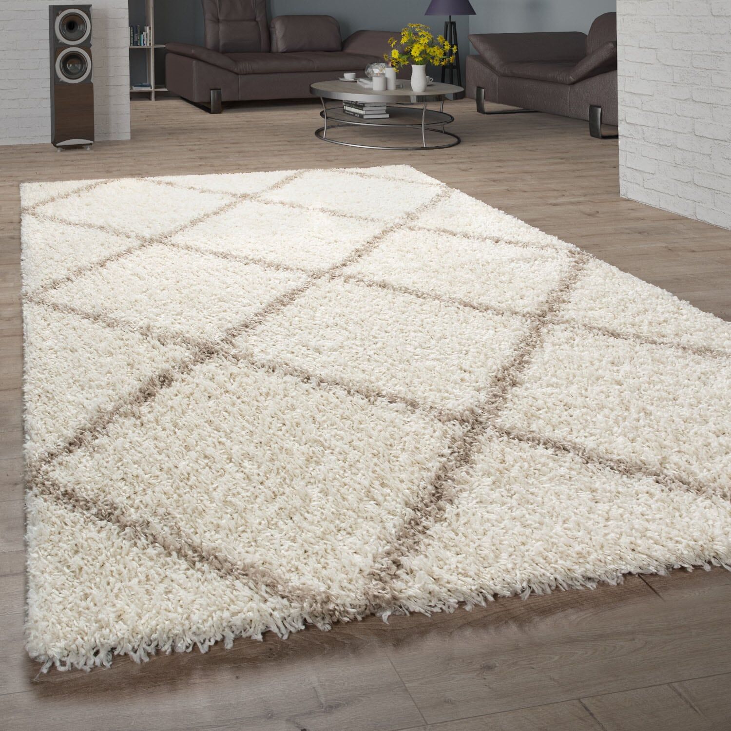 Hochflor-Teppich PACO HOME "Kalmar 441" Teppiche Gr. B/L: 240 cm x 340 cm, 40 mm, 1 St., beige (beige, cream) Esszimmerteppiche Scandi Design, Rauten Muster, weich & kuschelig