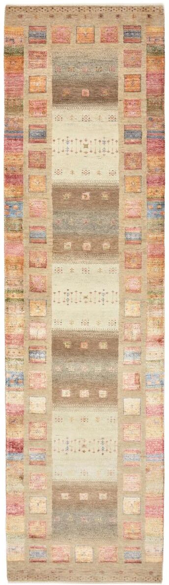 Nain Trading Echter Teppich Gabbeh Loribaft Design 304x82 Läufer Beige/Rosa (Wolle mit Bambus-Seide, Indien, Handgeknüpft)