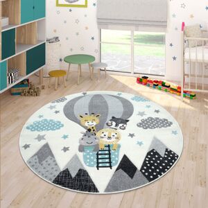 Paco Home - Tapis Chambre Enfant Adorable Montgolfière Nuages Joyeux Animaux Pastel En Crème 120 cm rond - Publicité