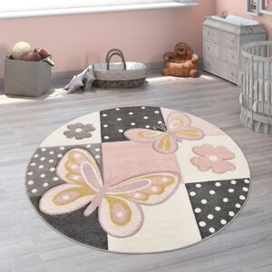 Paco Home Tapis Chambre Enfant Couleurs Pastel Papillon Motif Carreaux Pois Fleurs Coloré 200 cm rond - Publicité