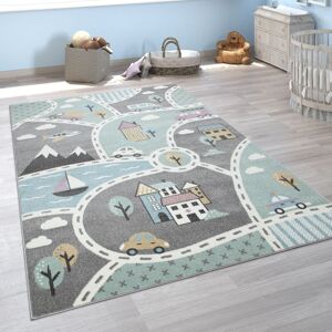 Paco Home - Tapis Pour Enfants, Tapis De Jeu Pour Chambre Enfant, Avec Motif Rues Vert Gris 200 cm rond - Publicité