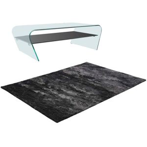 Vente-unique Ensemble table basse transparent et noir KELLY et tapis shaggy anthracite DOLCE