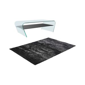 Vente-unique Ensemble table basse transparent et noir KELLY et tapis shaggy anthracite DOLCE