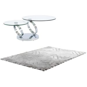 Vente-unique Ensemble table basse plateau pivotant transparent JOLINE et tapis shaggy gris MAZE