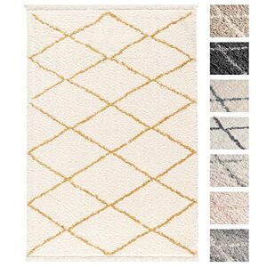 TESSO LIVING Tapis Shaggy Salon 120 x 160 Crème Jaune Dessin Diamant, Tapis Salon Poils Longs Extra Doux - Publicité