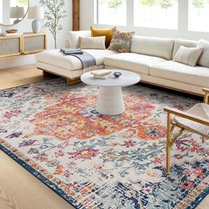 Surya Asmara Tapis Vintage Tapis de Salon, Salle à Manger, Chambre, Cuisine Tapis Boheme Chic, Design Traditionnel Oriental Multicolore, Tapis Coloré Poil Court 120x170cm Orange, Blanc et Bleu - Publicité