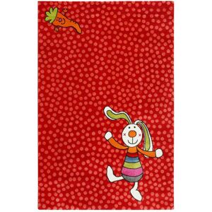 Tapis enfant motif lapin coloré sur fond pois rouge 120x170