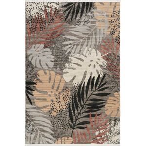 Esprit Tapis tisse plat theme feuillage a franges fond gris 133x200