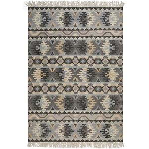 Green Loop Tapis kilim pure laine tisse main ethnique chic a franges 160x230