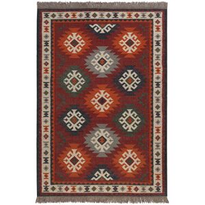 Green Loop Tapis kilim pure laine tisse main ethnique chic a franges 140x200