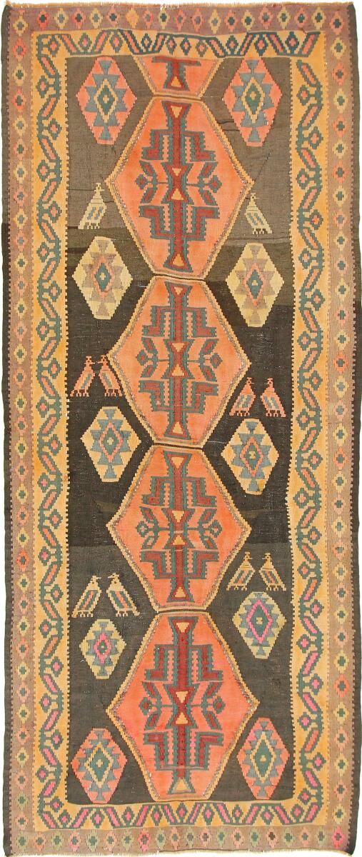 Nain Trading Tappeto Orientale Kilim Fars Azerbaijan Antico 383x158 Corridore Marrone Scuro/Arancione (Lana, Persia/Iran, Tessuto a mano)