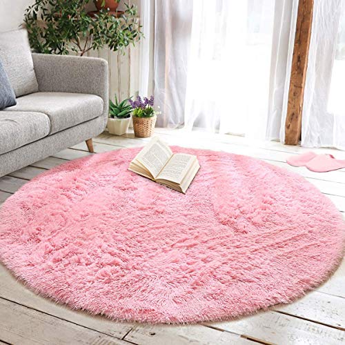 J Yunq Ronde tapijten, pluche tapijt, super zacht kunstwollen, modern pluizig binnentapijt, voor woonkamer, slaapkamer, buitentapijt (roze, 120 x 120 cm)