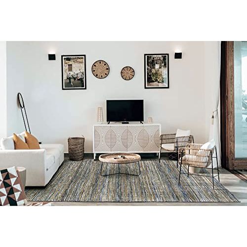 HAMID Wollen en jute tapijten Olivia handgeweven wollen jute tapijt voor woonkamer slaapkamer blauwe aderen (200 x 290 cm)