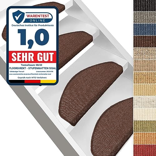 Floordirekt 15 stuks trapmatten   100% sisal   huiselijke kleuren   antislip voor mens en dier   Inclusief plakstrip   64 x 23,5 cm   bruin