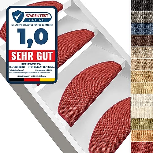 Floordirekt 15 stuks trapmatten   100% sisal   huiselijke kleuren   antislip voor mens en dier   Inclusief plakstrip   64 x 23,5 cm   rood