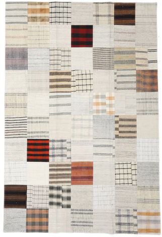 RugVista Kelim Patchwork Teppe 201X300 Ekte Moderne Håndvevd Lys Grå/Hvit/Creme (Ull, Tyrkia)