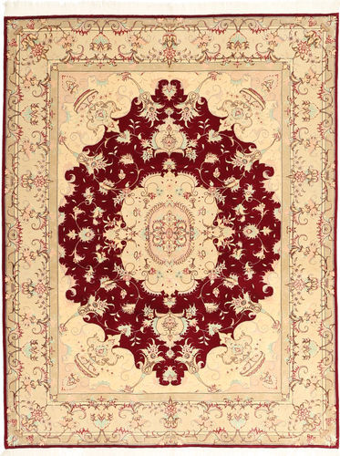 Håndknyttet. Opphav: Persia / Iran Persisk Tabriz 50 Raj Med Silke Teppe 150X197 Beige/Mørk Rød (Ull/Silke, Persia/Iran)