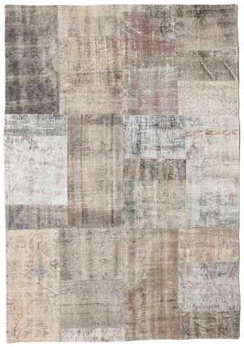 Håndknyttet. Opphav: Turkey Ekte Teppe Patchwork 141X202 Lys Grå/Mørk Beige (Ull, Tyrkia)