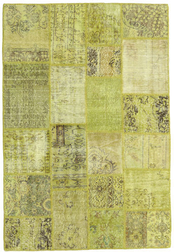 Håndknyttet. Opphav: Turkey Ekte Teppe Patchwork 138X205 Gul/Olivengrønn (Ull, Tyrkia)