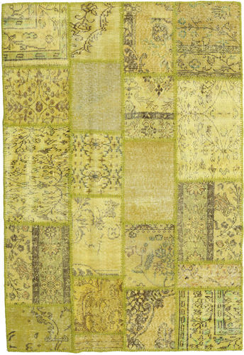 Håndknyttet. Opphav: Turkey Håndknyttet Teppe Patchwork 139X202 Gul/Olivengrønn (Ull, Tyrkia)