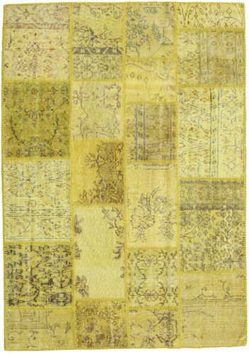 Håndknyttet. Opphav: Turkey Håndknyttet Teppe Patchwork 139X198 Gul/Olivengrønn (Ull, Tyrkia)