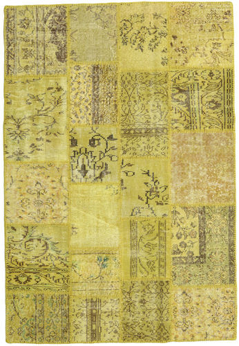 Håndknyttet. Opphav: Turkey Ekte Teppe Patchwork 138X205 Gul/Olivengrønn (Ull, Tyrkia)