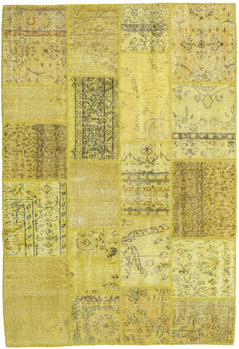 Håndknyttet. Opphav: Turkey Håndknyttet Teppe Patchwork 139X203 Gul/Olivengrønn (Ull, Tyrkia)