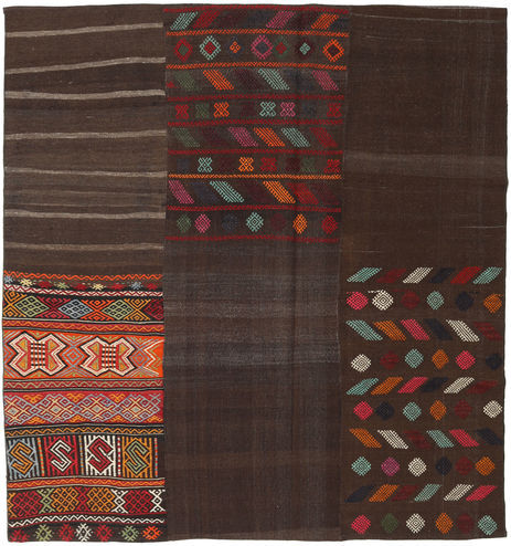 Håndknyttet. Opphav: Turkey Kelim Patchwork Teppe 206X217 Ekte Moderne Håndvevd Kvadratisk Mørk Brun (Ull, Tyrkia)