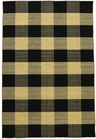 Håndknyttet. Opphav: India Check Kilim - Svart/Gull Teppe 120X180 Svart/Olivengrønn (Ull, India)