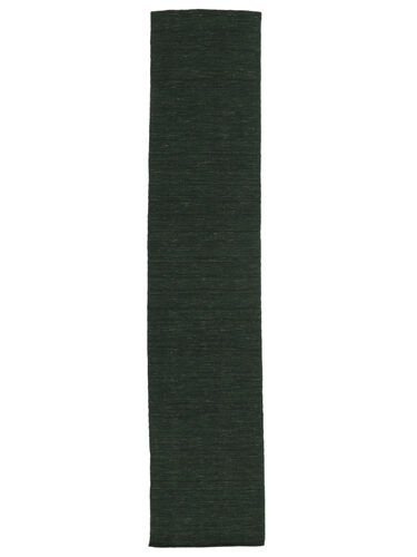 RugVista Kelim Loom Teppe 80X250 Håndvevd Ensfarget Teppeløpere Ull Mørk Grønn