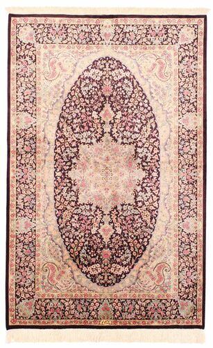 Håndknyttet. Opphav: Persia / Iran 100X156 Ghom Silke Teppe Ekte Orientalsk Håndvevd Mørk Rød/Beige/Lyserosa (Silke, Persia/Iran)