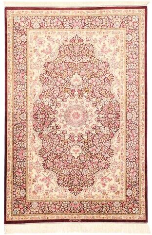 Håndknyttet. Opphav: Persia / Iran 98X148 Orientalsk Ghom Silke Teppe Lyserosa/Beige/Mørk Rød (Silke, Persia/Iran)