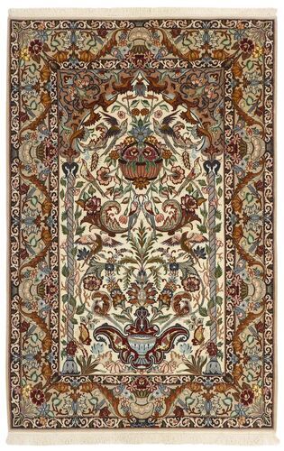 Håndknyttet. Opphav: Persia / Iran 130X201 Orientalsk Isfahan Silkerenning Teppe Beige/Mørk Brun/Brun (Ull/Silke, Persia/Iran)