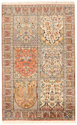 Håndknyttet. Opphav: India Ekte Teppe Kashmir Ren Silke 96X153 Beige/Mørk Brun (Silke, India)