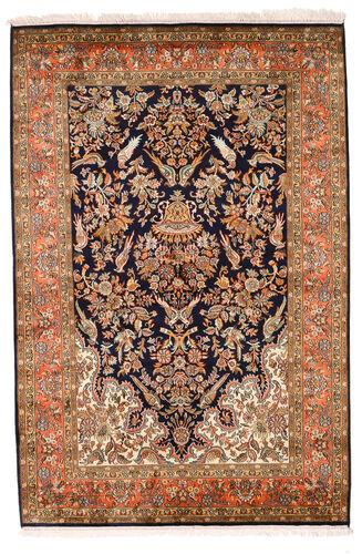 Håndknyttet. Opphav: India 129X194 Orientalsk Kashmir Ren Silke Teppe Mørk Brun/Svart (Silke, India)
