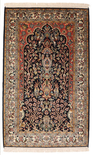 Håndknyttet. Opphav: India Orientalsk Kashmir Ren Silke Teppe 82X132 Svart/Mørk Brun (Silke, India)
