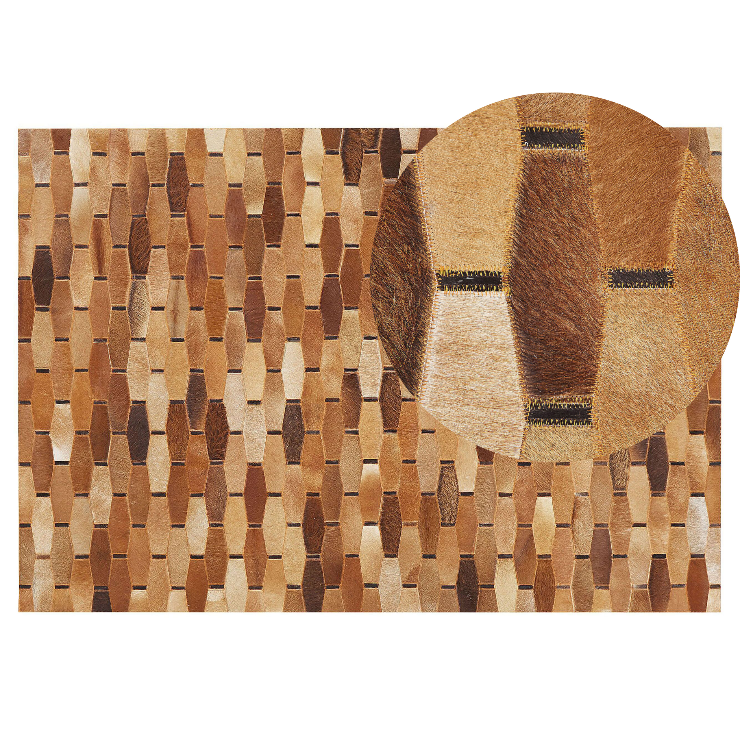 Beliani Tapete de pele castanha com padrão geométrico patchwork 140 x 200 cm
