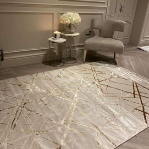 Saints Metallic Gold & Cream Geometric Velvet Rug, 120 x 170cm