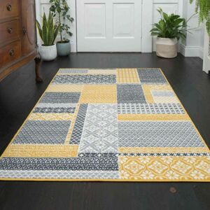 Yellow Grey Patchwork Hallway Runner Rug - Milan - 60cm x 240cm Runner