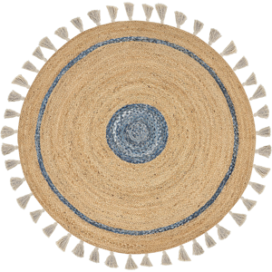 Beliani Area Rug Beige and Blue Jute ø 140 cm Round Handwoven with Decorative Tassels Boho Style Hallway Living Room Bedroom Material:Jute Size:xx140