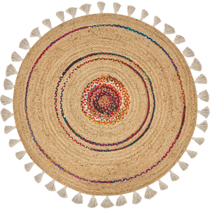 Beliani Area Rug Beige Jute ø 140 cm Round Handwoven with Decorative Tassels Boho Style Hallway Living Room Bedroom Material:Jute Size:xx140