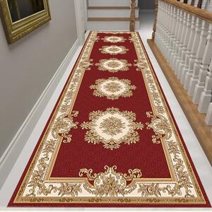 LZHSWM Red Hallway Runners Extra Long, 6 10 Ft 12 ' 16 20 Feet Traditional Entrance Staircase Area Rugs/Door Mat with Edge & Gold Flower Pattern, Durable Dirt Stopper Pad(Size:3.3x15ft/100x460cm)