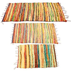 KAPCO Handmade Chindi Rug (60 x 90cm) 100% Recycle Cotton, Hand loom Floor Mat, Area Rug, Runner for Kitchen, Hall, Living Room, Bathroom, Bedroom Decor & Door Rag Flat Weave Multi Colour Stripe Mat