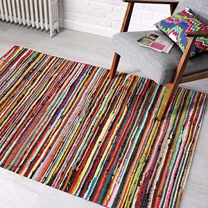 ZENQA Handmade Area Rug Chindi Rugs 100% Recycled Cotton Large Multi Coloured Floor Rug with Stripes Living Room, Bedroom, Dining, Hall, Area Runner Mat Carpet (60 x 120 cm)