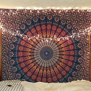 raajsee Blue Orange Tapestry Mandala Wall Hangings, Indian cotton Beach Throw Blanket, Hippie Tapestries Boho Décor, Yoga Meditation Mat Rugs 76X101 CMS