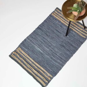 Homescapes Grey Recycled Stripe Leather Rug, 60 x 90 cm