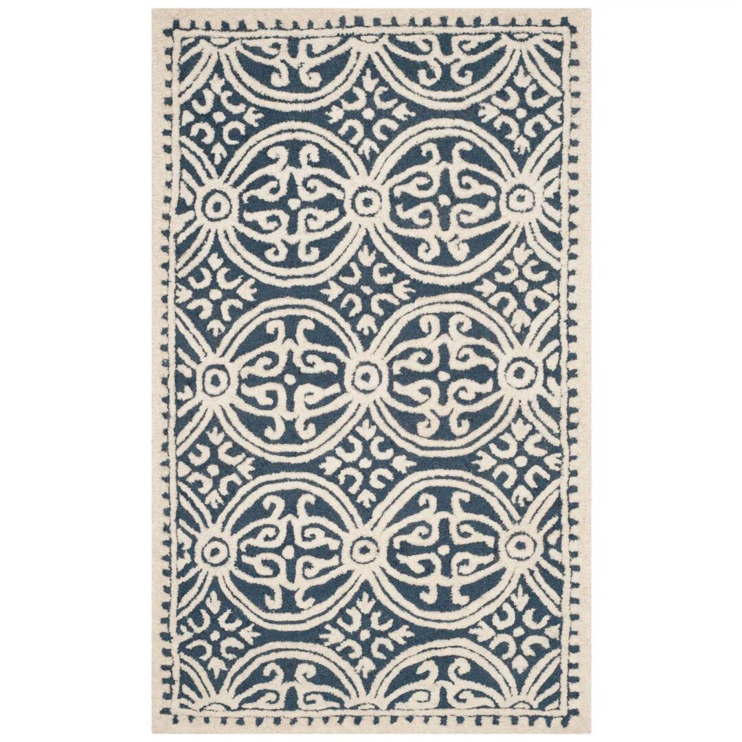 Mistana McQuitty Hand Tufted Wool Navy Blue/Ivory Area Rug blue/white 91.0 W x 1.27 D cm