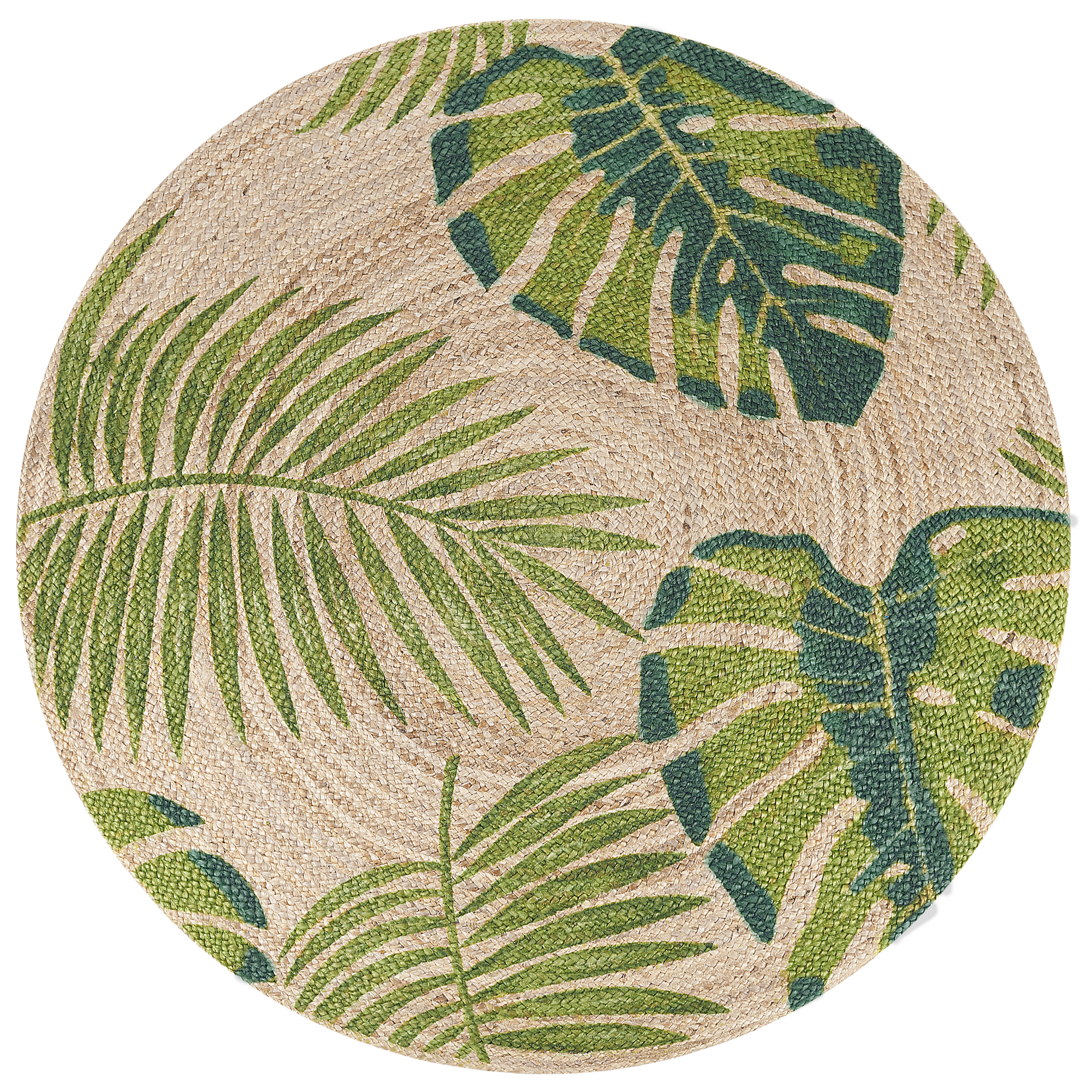 Beliani Area Rug Jute with Green 140 cm Boho Rustic Braided Monstera Leaf Pattern Print Motif