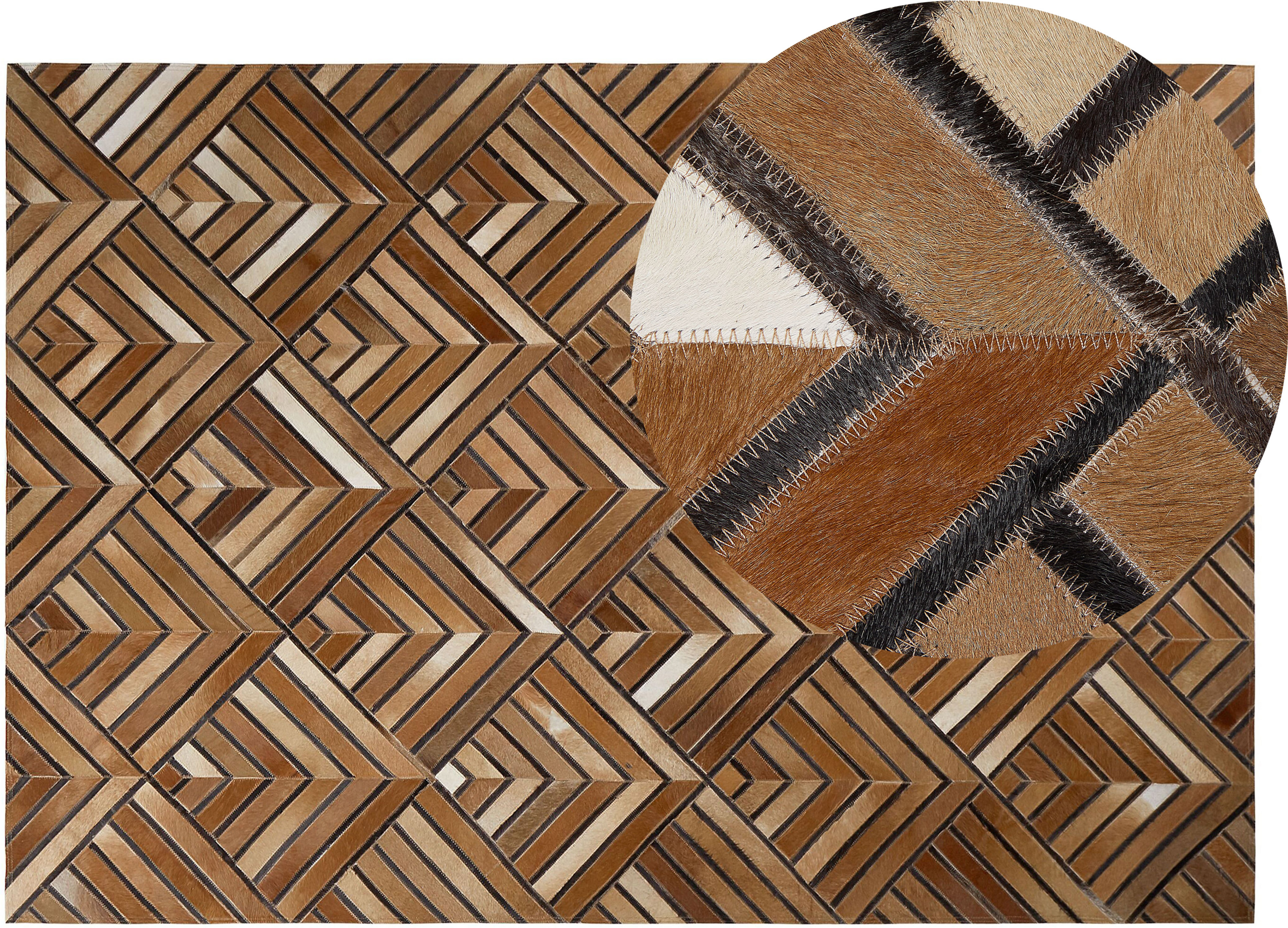 Beliani Cowhide Area Rug Brown Leather Patchwork Diamond Geometric Pattern 140 x 200 cm